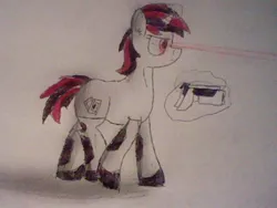 Size: 640x480 | Tagged: safe, artist:unicron, derpibooru import, oc, oc:blackjack, unofficial characters only, cyborg, pony, unicorn, fanfic, cutie mark, fanfic art, female, glowing horn, gun, handgun, hooves, horn, level 1 (project horizons), levitation, magic, mare, pistol, simple background, solo, telekinesis, traditional art, weapon, white background