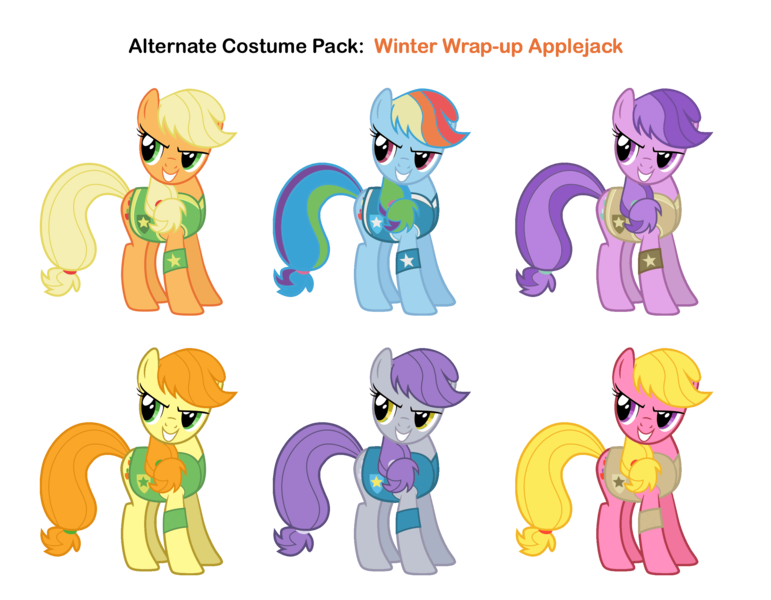 Size: 2806x2184 | Tagged: safe, artist:pika-robo, derpibooru import, amethyst star, applejack, carrot top, cherry berry, ditzy doo, flutter doo, golden harvest, rainbow dash, earth pony, pony, winter wrap up, alternate costumes, animal team, background pony, clothes, female, mare, palette swap, plant team, recolor, simple background, transparent background, vest, weather team, winter wrap up vest