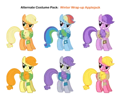 Size: 2806x2184 | Tagged: safe, artist:pika-robo, derpibooru import, amethyst star, applejack, carrot top, cherry berry, ditzy doo, flutter doo, golden harvest, rainbow dash, earth pony, pony, winter wrap up, alternate costumes, animal team, background pony, clothes, female, mare, palette swap, plant team, recolor, simple background, transparent background, vest, weather team, winter wrap up vest