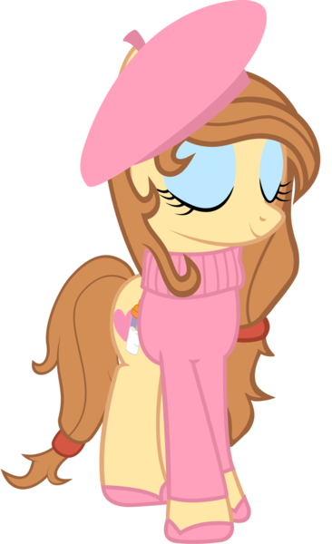 Size: 1000x1641 | Tagged: safe, artist:cool77778, derpibooru import, oc, oc:cream heart, unofficial characters only, earth pony, pony, beatnik, beret, clothes, cutie mark, eyes closed, female, hooves, mare, simple background, smiling, solo, sweater, transparent background, vector