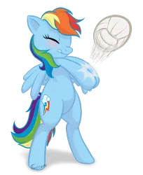 Size: 1600x1958 | Tagged: safe, artist:furreon, derpibooru import, rainbow dash, pegasus, pony, action pose, ball, bipedal, blushing, eyes closed, female, mare, signature, simple background, solo, sports, transparent background, volleyball