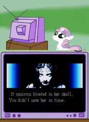 Size: 562x768 | Tagged: derpibooru import, exploitable meme, meme, obligatory pony, semi-grimdark, splatterhouse, sweetie belle, tv meme