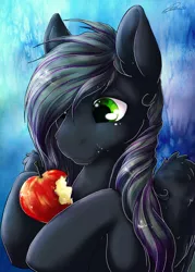 Size: 2263x3165 | Tagged: safe, artist:dimwitdog, derpibooru import, oc, oc:rome silvanus, unofficial characters only, pegasus, pony, apple, portrait, solo