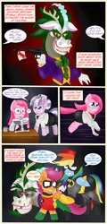 Size: 2112x4410 | Tagged: artist:blackbewhite2k7, batman, batmare, comic, crossover, derpibooru import, discord, gun, harley quinn, jokercord, mad love, nurse sweetheart, pinkamena diane pie, pinkie pie, pinkie quinn, rainbow dash, robin, scootaloo, semi-grimdark, the joker