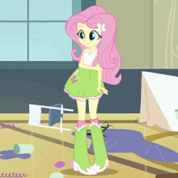 Size: 500x500 | Tagged: safe, derpibooru import, screencap, fluttershy, equestria girls, equestria girls (movie), animated, boots, broom, chair, clothes, corn, cup, cute, food, high heel boots, skirt, socks, table, throwing things at fluttershy