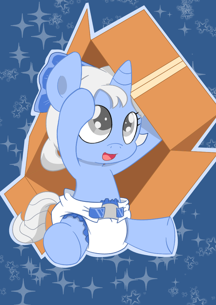 Size: 883x1248 | Tagged: safe, artist:artiecanvas, derpibooru import, oc, oc:filly moonshine, unofficial characters only, pony, baby, baby pony, cardboard box, diaper, foal, poofy diaper, solo