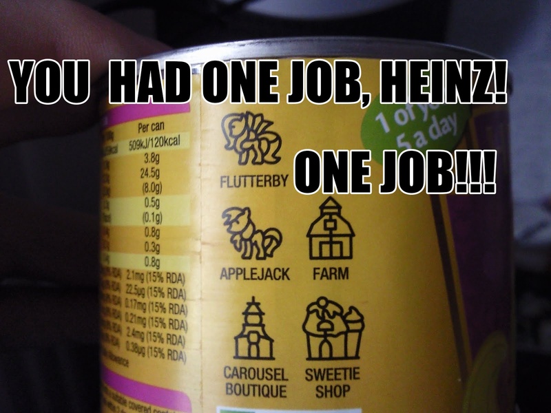 Size: 1600x1200 | Tagged: applejack, can, custom, derpibooru import, fail, flutterby, fluttershy, heinz, irl, mispelled names, misspelling, pasta, safe, you had one job