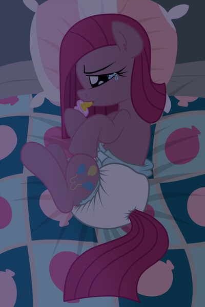 Size: 1000x1500 | Tagged: adult foal, ageplay, artist:fillyscoots42, bed, crying, cute, cuteamena, diaper, diaper fetish, female, pacifier, pinkamena diane pie, pinkie pie, poofy diaper, questionable, sad, solo, solo female