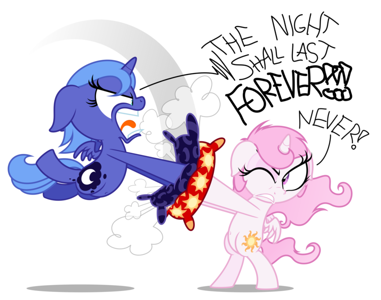 Size: 5000x3943 | Tagged: safe, artist:zutheskunk, derpibooru import, princess celestia, princess luna, alicorn, pony, .svg available, absurd resolution, cewestia, commission, cute, dialogue, female, filly, image, one eye closed, open mouth, pillow, pillow fight, pink-mane celestia, png, s1 luna, simple background, transparent background, vector, woona, young celestia, young luna, younger