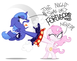 Size: 5000x3943 | Tagged: safe, artist:zutheskunk, derpibooru import, princess celestia, princess luna, alicorn, pony, .svg available, absurd resolution, cewestia, commission, cute, dialogue, female, filly, image, one eye closed, open mouth, pillow, pillow fight, pink-mane celestia, png, s1 luna, simple background, transparent background, vector, woona, young celestia, young luna, younger