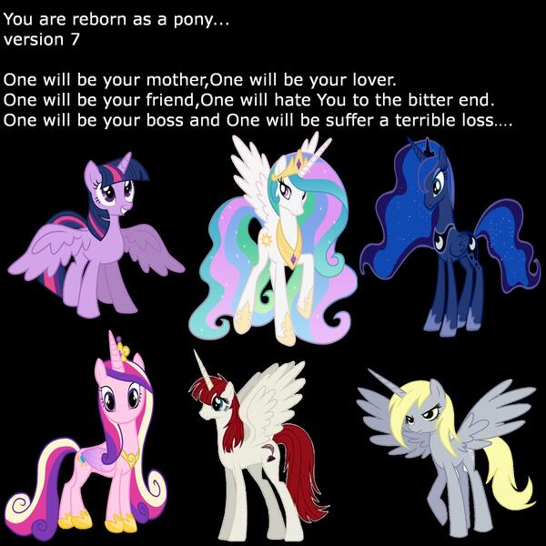 Size: 2000x2000 | Tagged: safe, derpibooru import, derpy hooves, princess cadance, princess celestia, princess luna, twilight sparkle, twilight sparkle (alicorn), oc, oc:fausticorn, alicorn, pony, alicorn hexarchy, derpicorn, lauren faust, race swap, reborn as a pony, underp