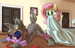 Size: 1011x660 | Tagged: suggestive, artist:mewball, derpibooru import, fluttershy, twilight sparkle, wolf, animal costume, clothes, collar, costume, eyes on the prize, face down ass up, female, fursuit, image, interior, leash, lesbian, pet play, pettwi, png, presenting, shipping, twishy, wingboner, wolf costume