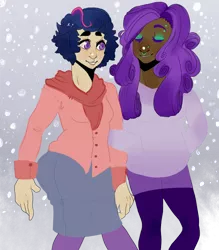 Size: 700x800 | Tagged: artist:oliviaandedd, dark skin, derpibooru import, eyes closed, eyeshadow, grin, human, humanized, light skin, piercing, rarity, safe, short hair, smiling, snow, snowfall, thick eyebrows, twilight sparkle