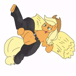 Size: 400x400 | Tagged: suggestive, artist:kushina13, derpibooru import, applejack, featureless crotch, female, hay bale, on back, pixiv, simple background, solo, solo female, spread legs, tongue out