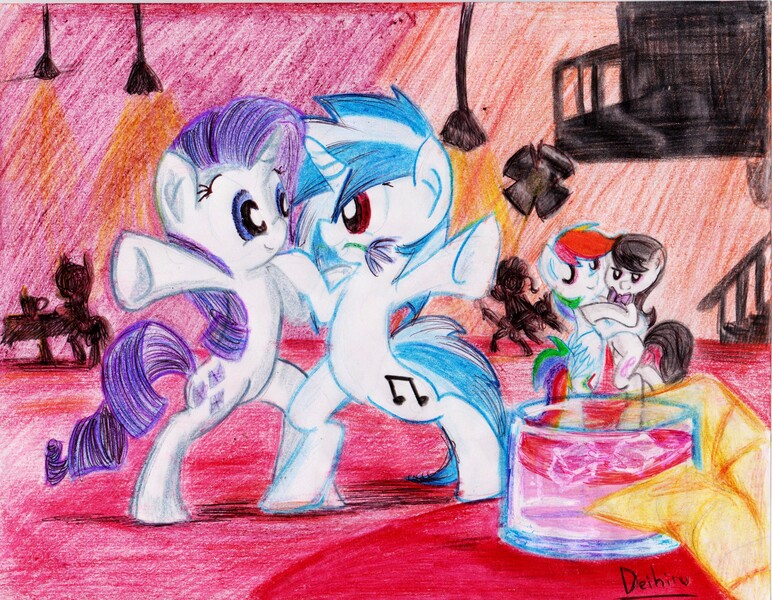 Size: 3272x2544 | Tagged: safe, artist:deihiru, derpibooru import, gilda, octavia melody, rainbow dash, rarity, vinyl scratch, gryphon, pony, bipedal, dancing, dashtavia, female, lesbian, offscreen character, pov, rariscratch, shipping