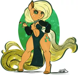 Size: 894x894 | Tagged: anthro, applejack, artist:arnachy, breasts, clothes, corrupted, derpibooru import, dress, evil is sexy, female, hilarious in hindsight, pear, pearjack, side slit, solo, solo female, suggestive, unguligrade anthro