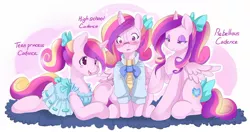 Size: 1280x675 | Tagged: alicorn, artist:ende26, ask high school cadance, bow, clothes, derpibooru import, dress, glasses, hair bow, ponytail, princess cadance, prone, safe, shirt, sitting, smiling, tail bow