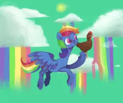 Size: 1024x858 | Tagged: artist:1eg, chicken, cloud, cloudy, derpibooru import, flying, implied scootaloo, rainbow dash, safe, solo