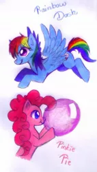 Size: 632x1111 | Tagged: safe, artist:jacky-bunny, derpibooru import, pinkie pie, rainbow dash, earth pony, pegasus, pony, balloon, blowing up balloons, female, mare, text