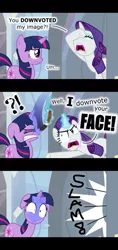 Size: 800x1698 | Tagged: safe, artist:zutheskunk, derpibooru import, rarity, twilight sparkle, ..., comic, downvote, floppy ears, insulting rarity, magic, meme, meta, paint, paint on fur, shrunken pupils