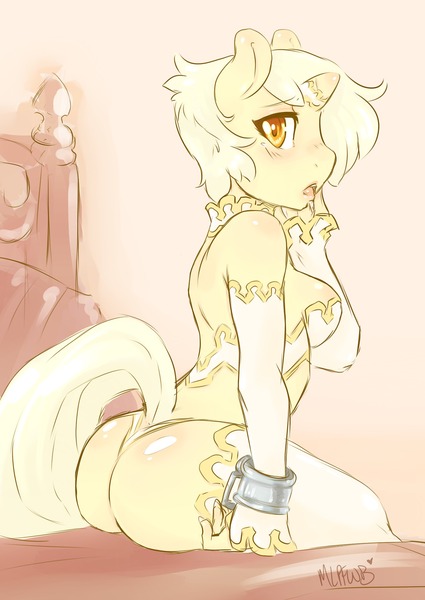 Size: 1280x1806 | Tagged: dead source, suggestive, artist:mlpfwb, derpibooru import, oc, unofficial characters only, anthro, anthro oc, ass, breasts, clothes, doxy, female, horn ring, lingerie, looking back, open mouth, panties, raised tail, shackles, sitting, solo, solo female, thigh highs, tongue out, underwear