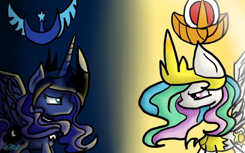 Size: 1024x640 | Tagged: artist:jayivee, derpibooru import, princess celestia, princess luna, safe