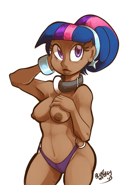 Size: 1740x2500 | Tagged: armpits, artist:bluntwhiskey, bracelet, breasts, clothes, collar, dark skin, derpibooru import, female, human, humanized, jewelry, my little slave, nipples, nudity, panties, partial nudity, questionable, slave, solo, solo female, topless, twilight sparkle, underwear