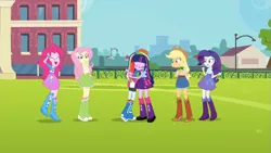 Size: 853x480 | Tagged: safe, derpibooru import, screencap, applejack, fluttershy, pinkie pie, rainbow dash, rarity, twilight sparkle, equestria girls, balloon, boots, clothes, giggling, happy, high heel boots, hug, humane five, humane six, jewelry, mane six, shipping fuel, skirt, smiling, soccer field