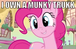 Size: 777x497 | Tagged: a friend in deed, beast wars, derpibooru import, edit, edited screencap, image macro, misspelling, pinkie pie, safe, screencap, solo, transformers, truck, trukk not munky