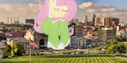 Size: 1578x784 | Tagged: safe, derpibooru import, fluttershy, equestria girls, city, crying, equestria girls in real life, giantess, kansas city, macro, photo, sad, union station