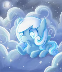 Size: 2000x2333 | Tagged: artist:bubbleglacier, cloud, cloudy, cute, derpibooru import, feather, moon, night, oc, oc:snowdrop, safe, snow, snowbetes, snowfall, snowflake, solo, unofficial characters only