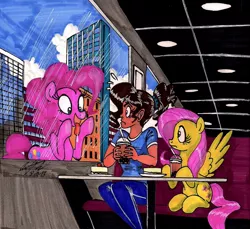 Size: 1280x1174 | Tagged: safe, artist:newyorkx3, derpibooru import, fluttershy, pinkie pie, human, against glass, cake, city, drink, drool, licking, tongue out, traditional art, window