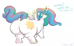 Size: 1200x748 | Tagged: artist:chocoscotch, artist:kure, chubbylestia, dead source, derpibooru import, fat, impossibly large butt, plot, princess celestia, safe, simple background, small wings, solo, white background