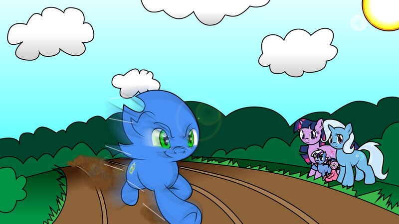 Size: 1191x670 | Tagged: artist:dekomaru, cloud, cloudy, commission, derpibooru import, female, gotta go fast, lens flare, lesbian, magical lesbian spawn, mama twilight, oc, oc:sonic dash, offspring, parents:twixie, parent:trixie, parent:twilight sparkle, ponified, pun, safe, shipping, sonic the hedgehog, sonic the hedgehog (series), trixie, twilight sparkle, twixie, visual pun