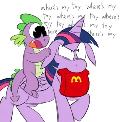 Size: 700x700 | Tagged: safe, artist:karpet-shark, derpibooru import, spike, twilight sparkle, twilight sparkle (alicorn), alicorn, dragon, pony, twily-daily, dragons riding ponies, duo, fast food, female, food, happy meal, male, mare, mcdonald's, mouth hold, riding, simple background, twilight is not amused, unamused, white background