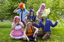 Size: 1280x857 | Tagged: applejack, argyle, artist:bedlamsandnin, artist:blossoming cosplay, artist:love-cook-sanji, artist:silasiliza, clothes, cosplay, derpibooru import, ears, fluttershy, hoodie, human, irl, irl human, mane seven, mane six, necktie, photo, pinkie pie, rainbow dash, rarity, safe, sakura matsuri, spike, sweater vest, twilight sparkle, wings