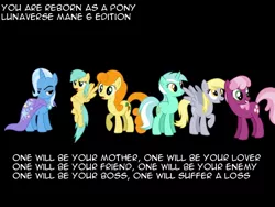 Size: 640x480 | Tagged: safe, derpibooru import, carrot top, cheerilee, derpy hooves, golden harvest, lyra heartstrings, sunshower raindrops, trixie, pegasus, pony, alternate mane six, female, luna six, lunaverse, mare, meta, reborn as a pony