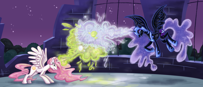 Size: 1024x439 | Tagged: safe, artist:detectivetoony, derpibooru import, nightmare moon, princess celestia, alicorn, pony, fight, magic, origins