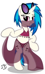 Size: 3000x4924 | Tagged: suggestive, artist:mlp-scribbles, derpibooru import, vinyl scratch, pony, unicorn, belly dancer, bipedal, clothes, cutie mark, female, hooves, horn, mare, midriff, panties, see-through, show accurate, simple background, smiling, solo, solo female, sunglasses, teeth, thong, transparent background, underwear, vector, veil