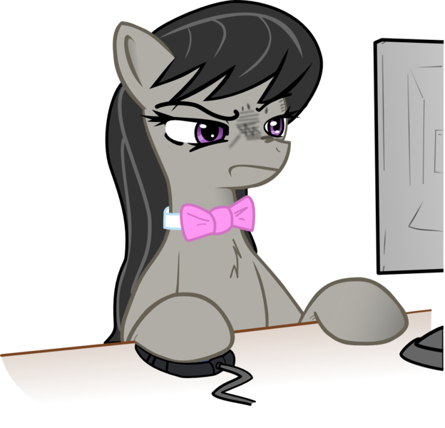 Size: 1073x1032 | Tagged: safe, artist:haetran, artist:reiduran, derpibooru import, octavia melody, pony, bowtie, chest fluff, computer, hoof hold, mousepad, octavia is not amused, reaction image, simple background, solo, transparent background, unamused, vector