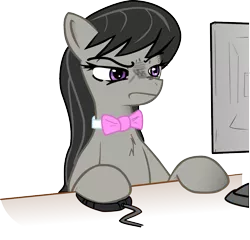 Size: 1073x1032 | Tagged: safe, artist:haetran, artist:reiduran, derpibooru import, octavia melody, pony, bowtie, chest fluff, computer, hoof hold, mousepad, octavia is not amused, reaction image, simple background, solo, transparent background, unamused, vector