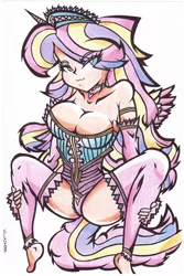 Size: 1832x2740 | Tagged: :3, artist:villaineee, barefoot, breasts, busty princess cadance, clothes, derpibooru import, feet, female, horned humanization, humanized, princess cadance, solo, solo female, stockings, suggestive, tailed humanization, thigh highs, winged humanization