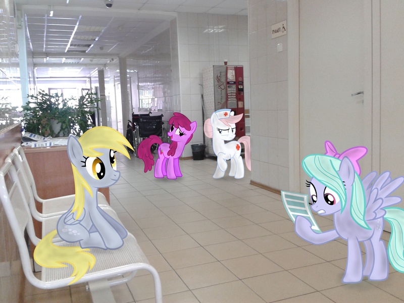 Size: 2560x1920 | Tagged: safe, artist:atlas-66, derpibooru import, berry punch, berryshine, derpy hooves, flitter, nurse redheart, pegasus, pony, clinic, female, hospital, irl, mare, photo, ponies in real life, vector, vending machine, wheelchair