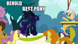 Size: 960x540 | Tagged: artist:auveiss, behold, best pony, caramel, carrot top, derpibooru import, edit, edited screencap, golden harvest, lemon hearts, mayor mare, meme, oc, oc:king cosmos, parasol, safe, screencap, 's parents, the last roundup