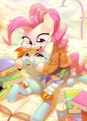 Size: 643x900 | Tagged: safe, artist:aruurara, derpibooru import, pinkie pie, rainbow dash, pony, book, clothes, cloud, cloudy, cute, diapinkes, female, glasses, jacket, lesbian, looking at each other, mare, pinkiedash, ponies riding ponies, reading, shipping, skirt, socks, soda, squishy cheeks, striped socks, vertigo