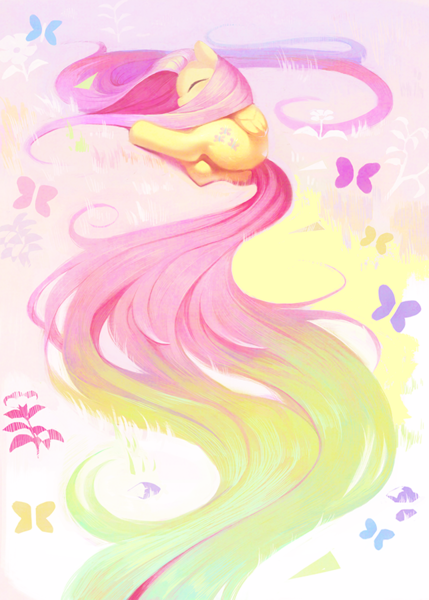 Size: 643x900 | Tagged: artist:aruurara, beautiful, butterfly, cute, derpibooru import, eyes closed, flower, fluttershy, gradient tail, grass, long mane, long tail, safe, shyabetes, side, sleeping, solo, surreal