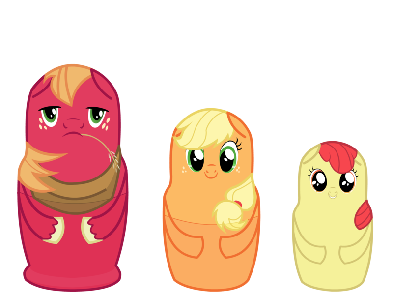 Size: 2000x1500 | Tagged: safe, artist:klarnetist, derpibooru import, apple bloom, applejack, big macintosh, earth pony, pony, apple siblings, male, matryoshka doll, stallion