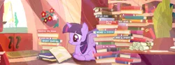 Size: 851x315 | Tagged: safe, artist:mane6dev, derpibooru import, twilight sparkle, twilight sparkle (alicorn), alicorn, pony, fighting is magic, art theft, book, facebook, female, flower, golden oaks library, library, mare, official art, plagiarism, reading, scroll, solo, sunlight