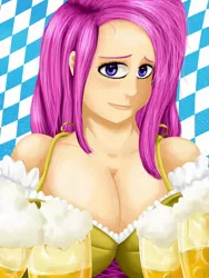 Size: 1800x2400 | Tagged: alcohol, artist:hellbeholder, beer, breasts, busty fluttershy, cleavage, clothes, derpibooru import, dirndl, dress, female, fluttershy, humanized, looking at you, oktoberfest, safe, smiling, solo