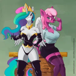 Size: 1024x1014 | Tagged: suggestive, artist:zwitterkitsune, derpibooru import, cheerilee, princess celestia, alicorn, anthro, earth pony, breasts, busty cheerilee, busty princess celestia, cleavage, clothes, corset, dominatrix, evening gloves, female, females only, hoers, panties, riding crop, skirt, socks, stockings, teacher, thigh boots, thigh highs, thong, tube skirt, underwear, whip, zettai ryouiki